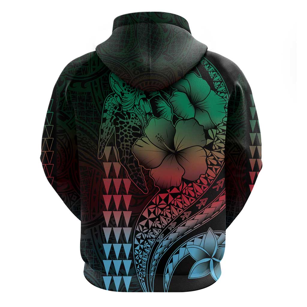 Hawaiian Sea Turtle Zip Hoodie Green Hibiscus Flowers and Kakau Pattern