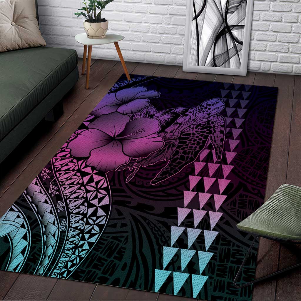 Hawaiian Sea Turtle Area Rug Pink Hibiscus Flowers and Kakau Pattern