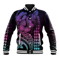 Hawaiian Sea Turtle Baseball Jacket Pink Hibiscus Flowers and Kakau Pattern