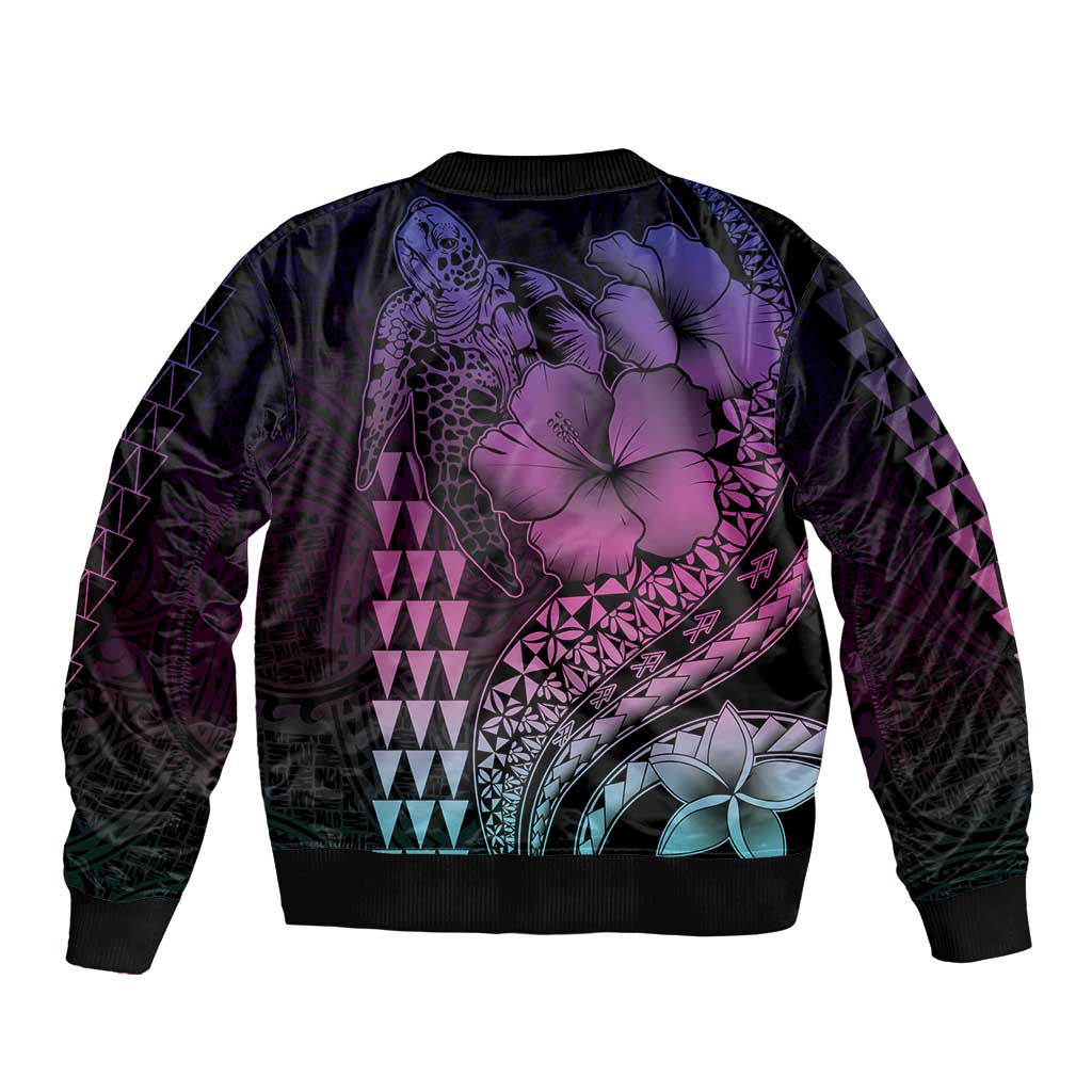 Hawaiian Sea Turtle Bomber Jacket Pink Hibiscus Flowers and Kakau Pattern
