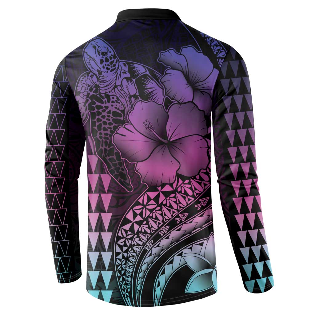 Hawaiian Sea Turtle Button Sweatshirt Pink Hibiscus Flowers and Kakau Pattern