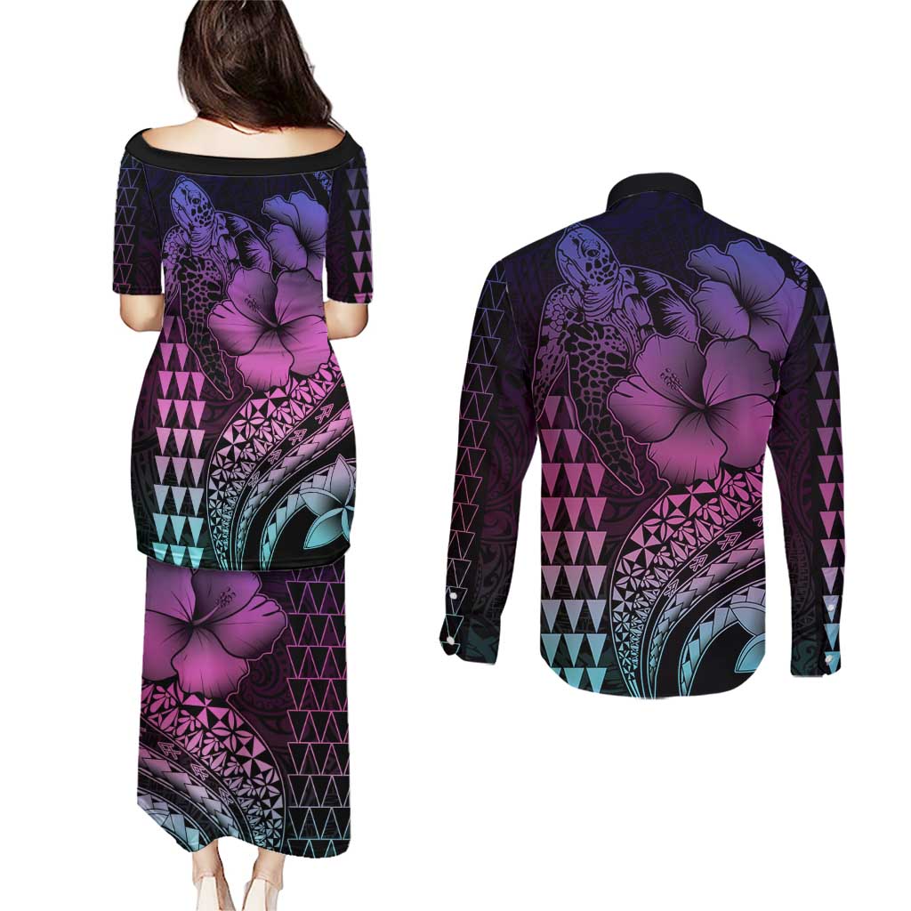 Hawaiian Sea Turtle Couples Matching Puletasi and Long Sleeve Button Shirt Pink Hibiscus Flowers and Kakau Pattern