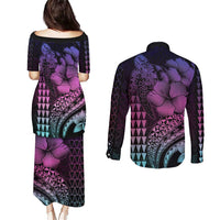 Hawaiian Sea Turtle Couples Matching Puletasi and Long Sleeve Button Shirt Pink Hibiscus Flowers and Kakau Pattern