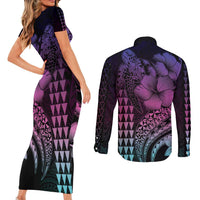Hawaiian Sea Turtle Couples Matching Short Sleeve Bodycon Dress and Long Sleeve Button Shirt Pink Hibiscus Flowers and Kakau Pattern