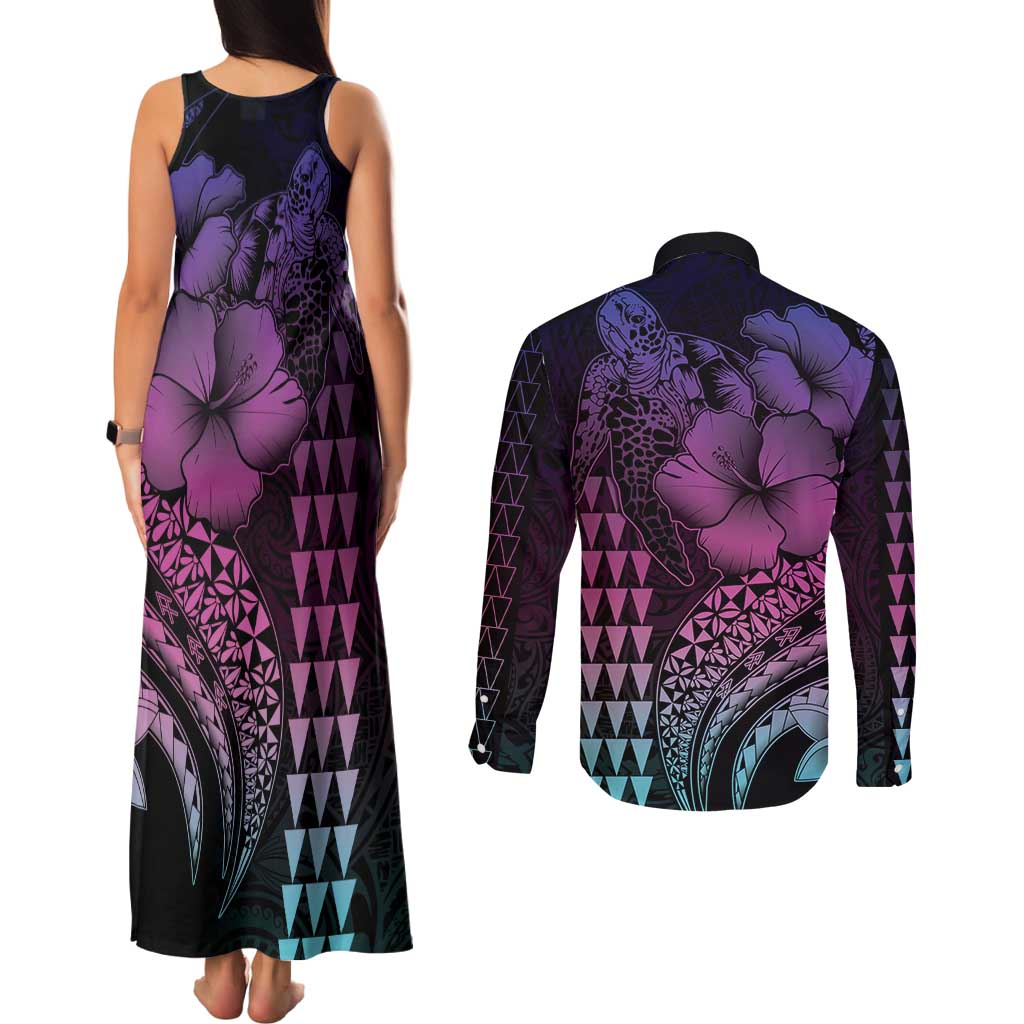 Hawaiian Sea Turtle Couples Matching Tank Maxi Dress and Long Sleeve Button Shirt Pink Hibiscus Flowers and Kakau Pattern