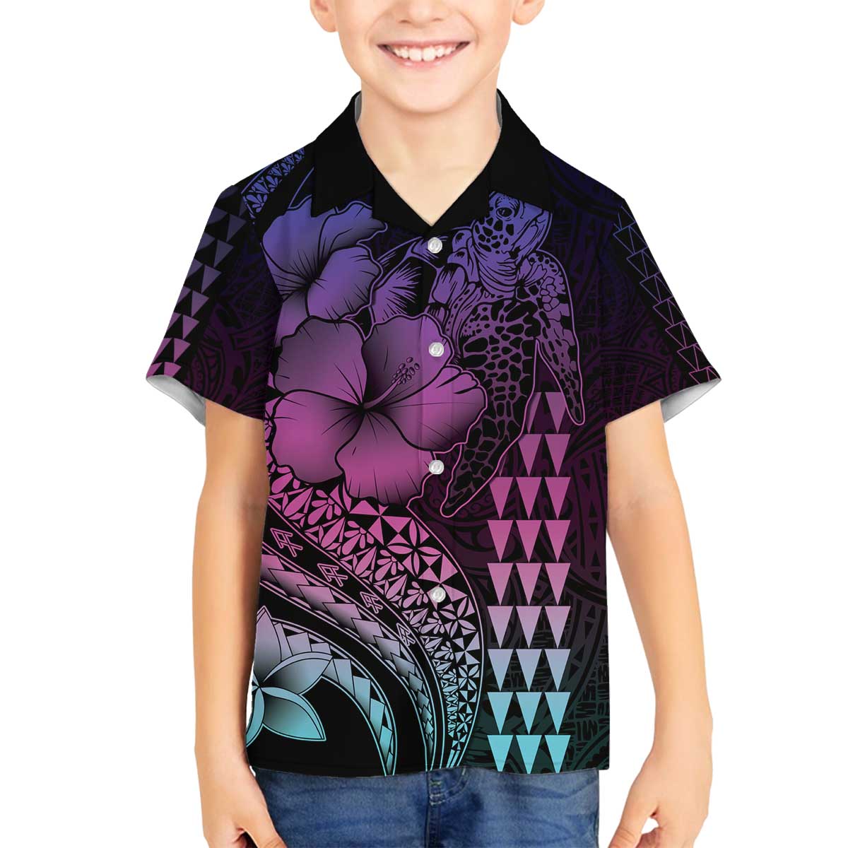 Hawaiian Sea Turtle Family Matching Off Shoulder Short Dress and Hawaiian Shirt Pink Hibiscus Flowers and Kakau Pattern