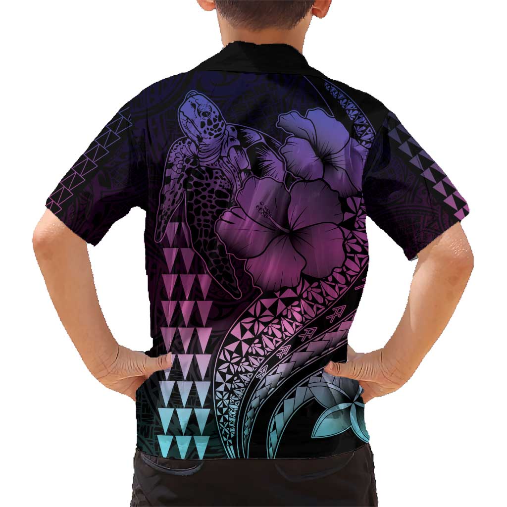 Hawaiian Sea Turtle Kid Hawaiian Shirt Pink Hibiscus Flowers and Kakau Pattern