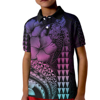 Hawaiian Sea Turtle Kid Polo Shirt Pink Hibiscus Flowers and Kakau Pattern