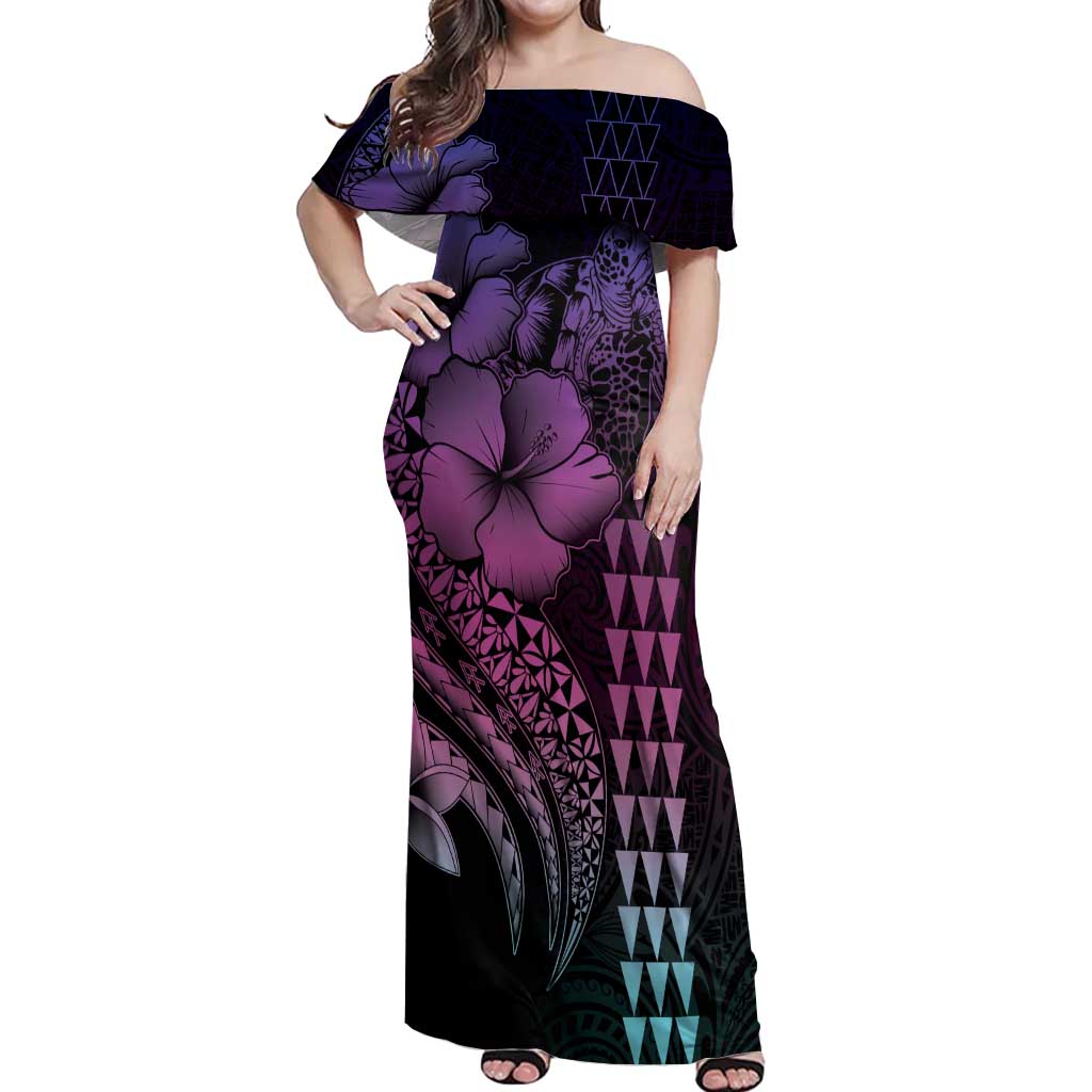 Hawaiian Sea Turtle Off Shoulder Maxi Dress Pink Hibiscus Flowers and Kakau Pattern