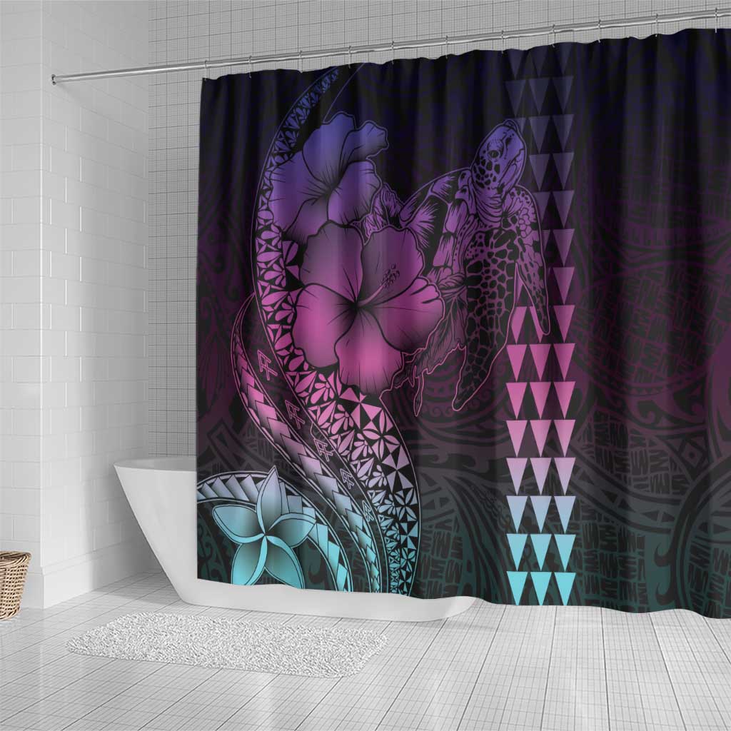 Hawaiian Sea Turtle Shower Curtain Pink Hibiscus Flowers and Kakau Pattern