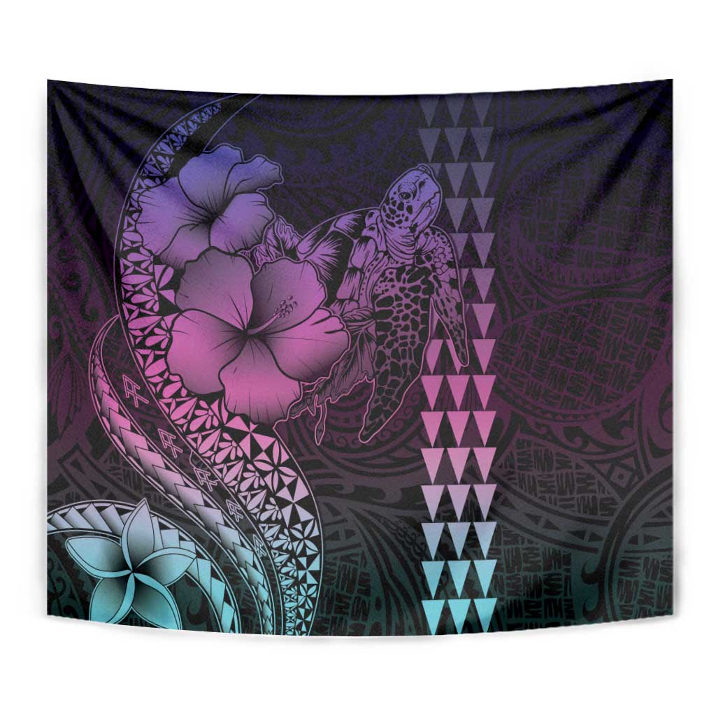 Hawaiian Sea Turtle Tapestry Pink Hibiscus Flowers and Kakau Pattern