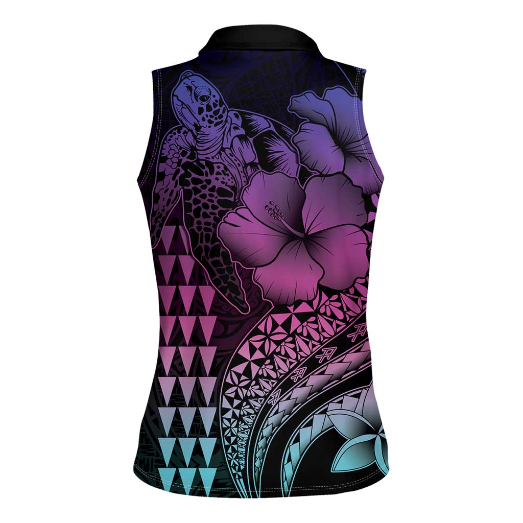 Hawaiian Sea Turtle Women Sleeveless Polo Shirt Pink Hibiscus Flowers and Kakau Pattern