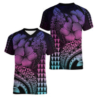 Hawaiian Sea Turtle Women V-Neck T-Shirt Pink Hibiscus Flowers and Kakau Pattern