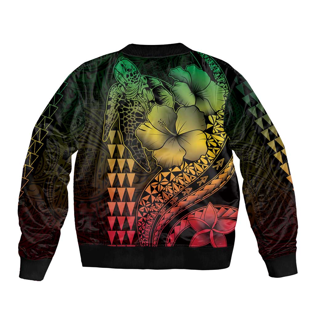 Hawaiian Sea Turtle Bomber Jacket Reggae Hibiscus Flowers and Kakau Pattern
