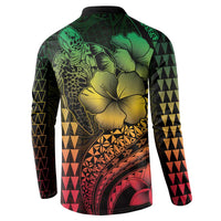 Hawaiian Sea Turtle Button Sweatshirt Reggae Hibiscus Flowers and Kakau Pattern