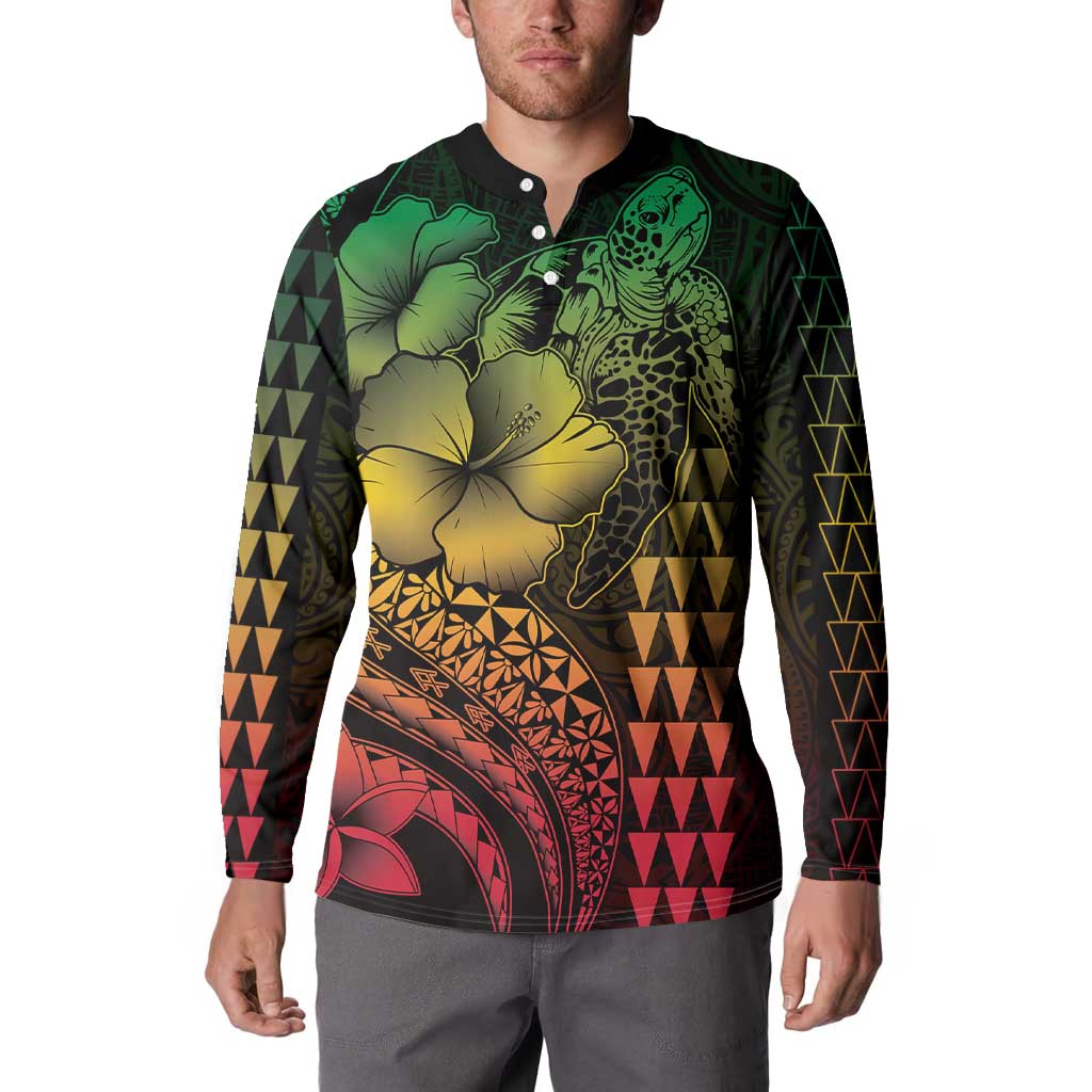Hawaiian Sea Turtle Button Sweatshirt Reggae Hibiscus Flowers and Kakau Pattern