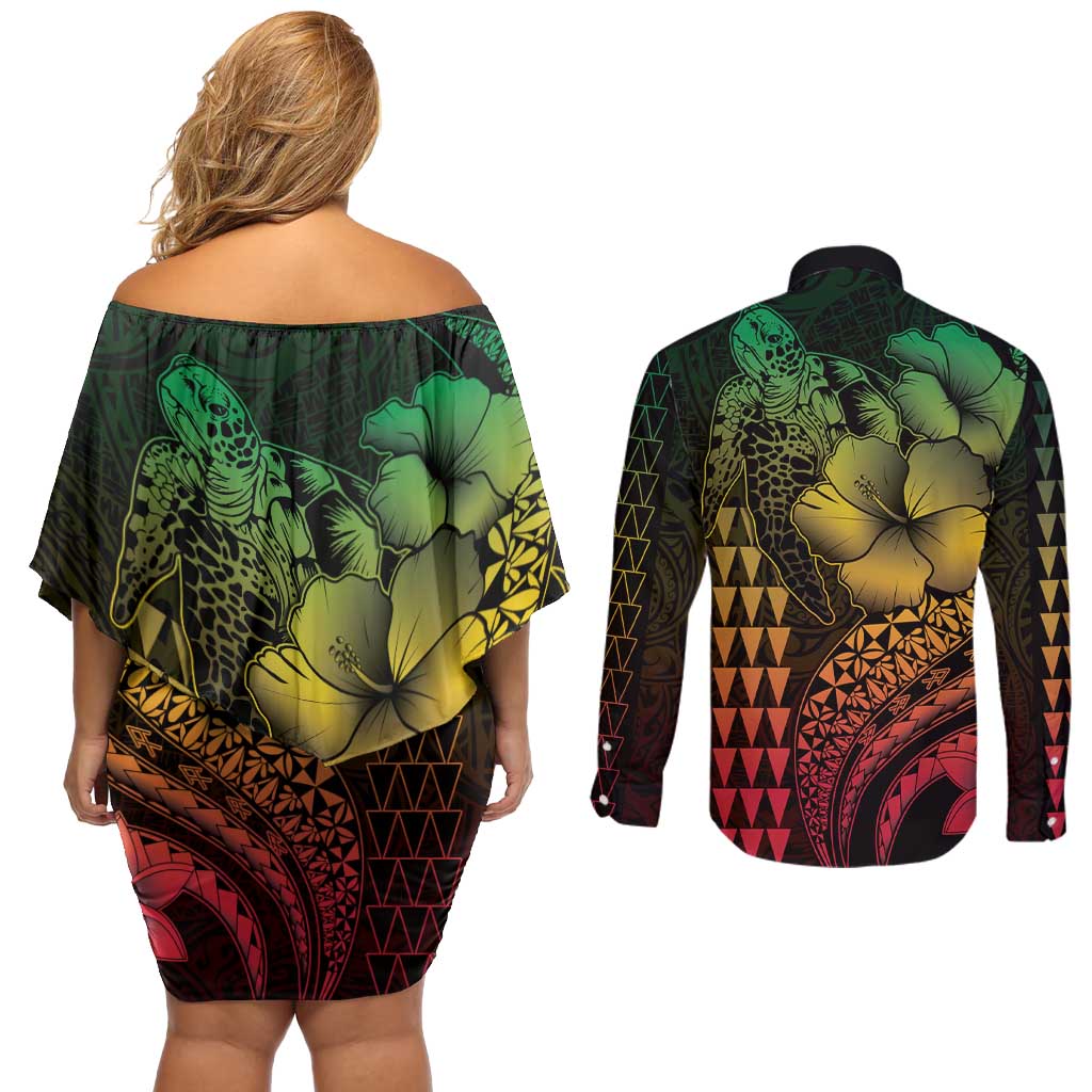Hawaiian Sea Turtle Couples Matching Off Shoulder Short Dress and Long Sleeve Button Shirt Reggae Hibiscus Flowers and Kakau Pattern