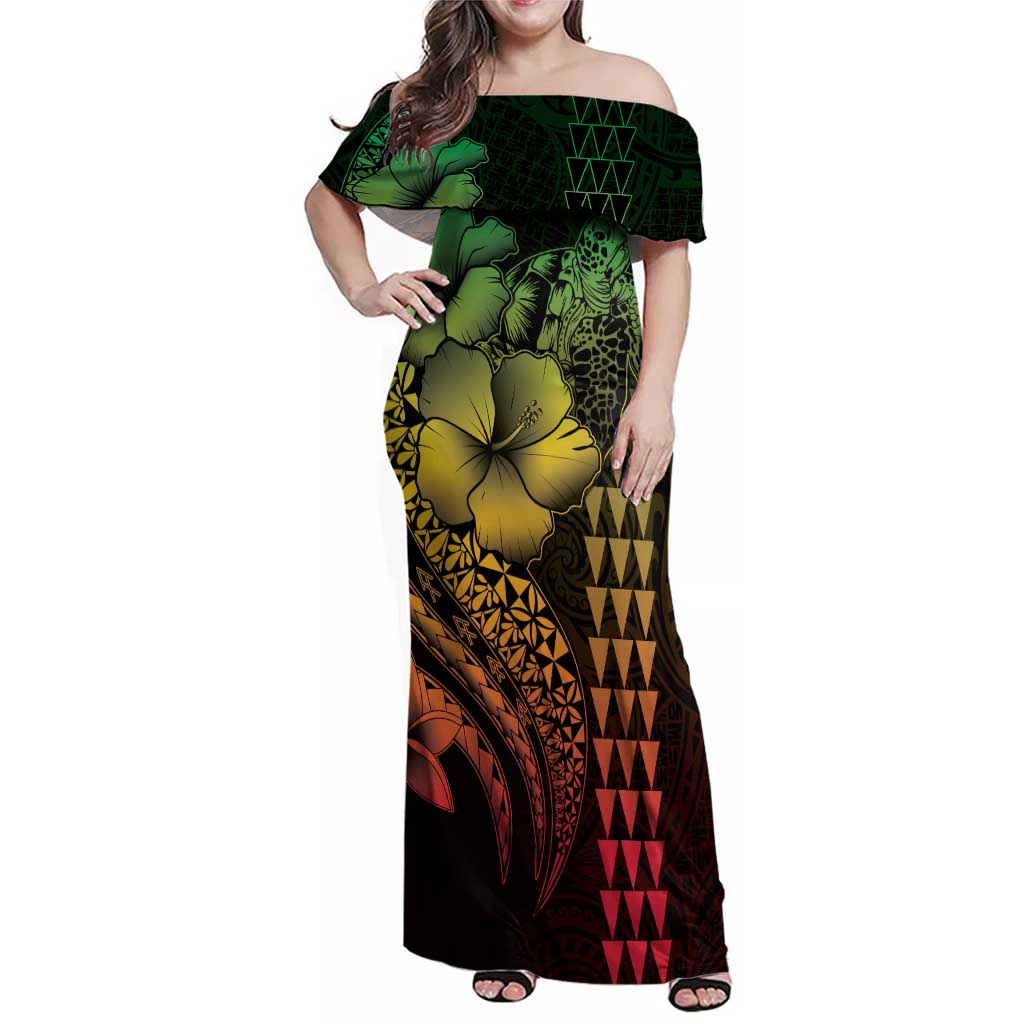 Hawaiian Sea Turtle Family Matching Off Shoulder Maxi Dress and Hawaiian Shirt Reggae Hibiscus Flowers and Kakau Pattern