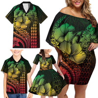 Hawaiian Sea Turtle Family Matching Off Shoulder Short Dress and Hawaiian Shirt Reggae Hibiscus Flowers and Kakau Pattern