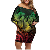 Hawaiian Sea Turtle Family Matching Off Shoulder Short Dress and Hawaiian Shirt Reggae Hibiscus Flowers and Kakau Pattern