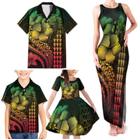 Hawaiian Sea Turtle Family Matching Tank Maxi Dress and Hawaiian Shirt Reggae Hibiscus Flowers and Kakau Pattern