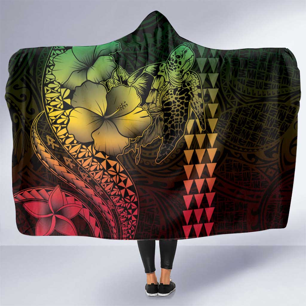 Hawaiian Sea Turtle Hooded Blanket Reggae Hibiscus Flowers and Kakau Pattern