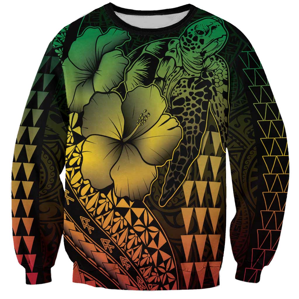 Hawaiian Sea Turtle Sweatshirt Reggae Hibiscus Flowers and Kakau Pattern