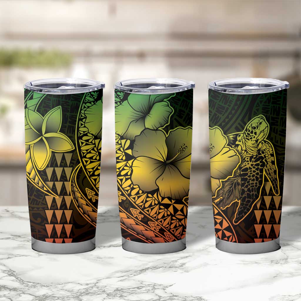 Hawaiian Sea Turtle Tumbler Cup Reggae Hibiscus Flowers and Kakau Pattern