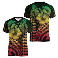 Hawaiian Sea Turtle Women V-Neck T-Shirt Reggae Hibiscus Flowers and Kakau Pattern