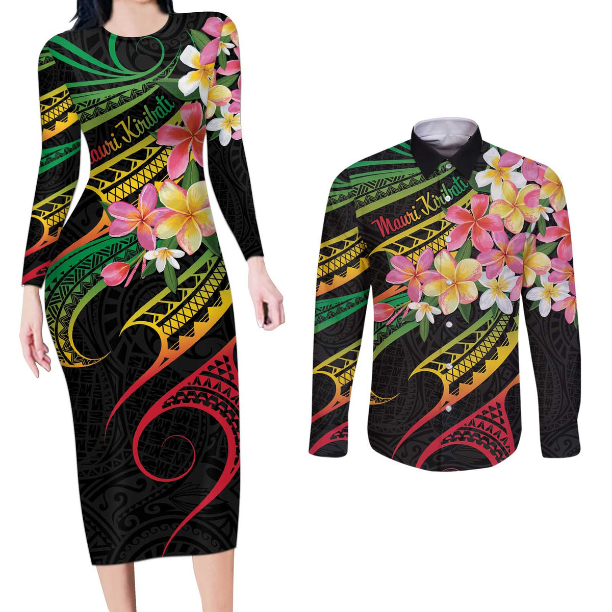 Kiribati Red Jasmine Mango Couples Matching Long Sleeve Bodycon Dress and Long Sleeve Button Shirt Reggae Polynesian Art Vibe LT9 Reggae - Polynesian Pride
