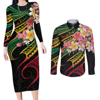 Kiribati Red Jasmine Mango Couples Matching Long Sleeve Bodycon Dress and Long Sleeve Button Shirt Reggae Polynesian Art Vibe LT9 Reggae - Polynesian Pride
