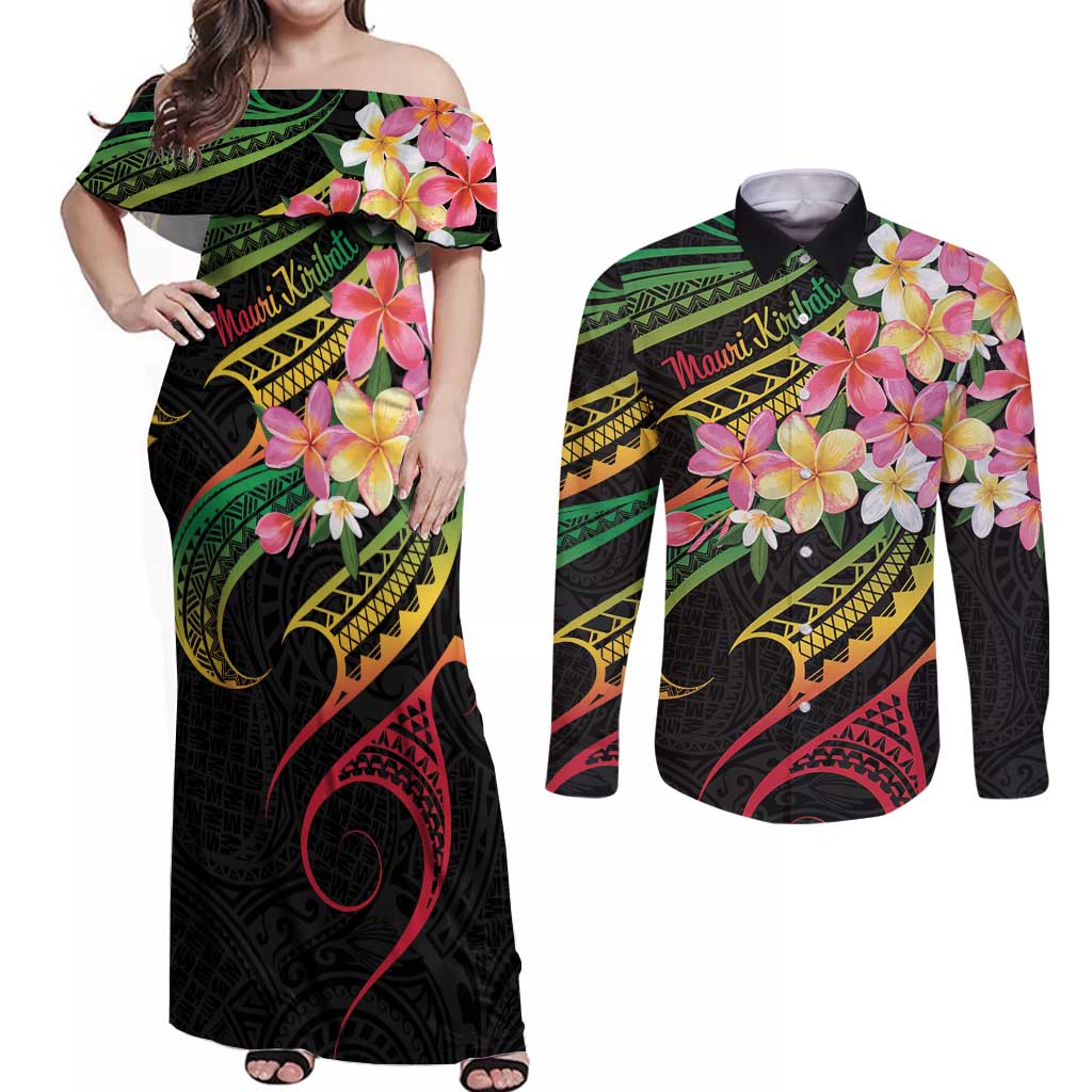 Kiribati Red Jasmine Mango Couples Matching Off Shoulder Maxi Dress and Long Sleeve Button Shirt Reggae Polynesian Art Vibe LT9 Reggae - Polynesian Pride