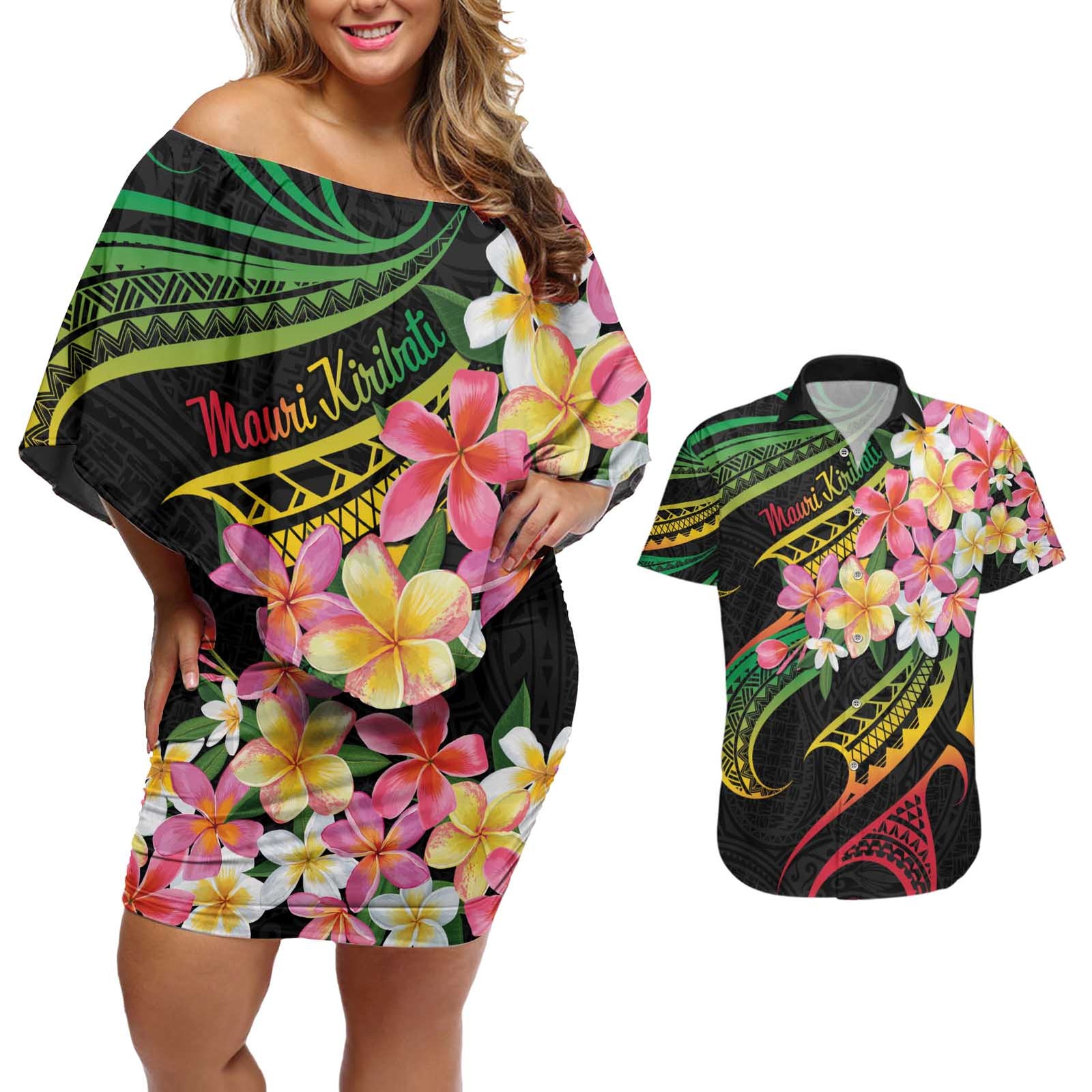 Kiribati Red Jasmine Mango Couples Matching Off Shoulder Short Dress and Hawaiian Shirt Reggae Polynesian Art Vibe LT9 Reggae - Polynesian Pride