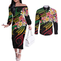 Kiribati Red Jasmine Mango Couples Matching Off The Shoulder Long Sleeve Dress and Long Sleeve Button Shirt Reggae Polynesian Art Vibe LT9 Reggae - Polynesian Pride