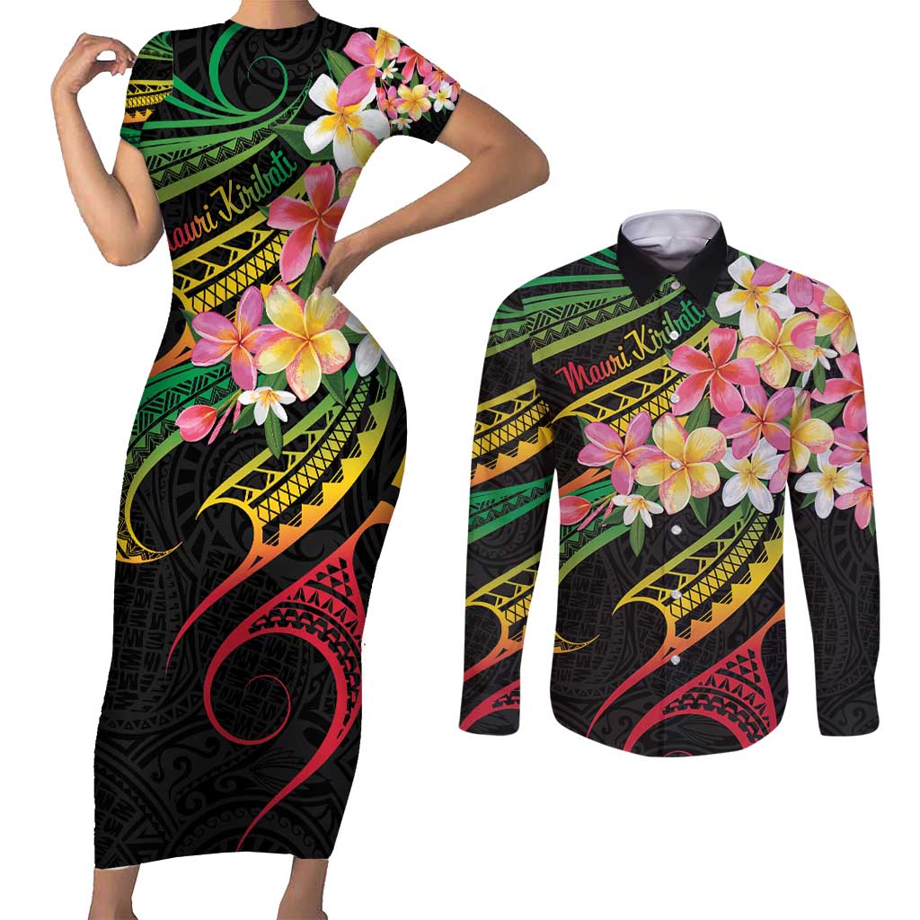 Kiribati Red Jasmine Mango Couples Matching Short Sleeve Bodycon Dress and Long Sleeve Button Shirt Reggae Polynesian Art Vibe LT9 Reggae - Polynesian Pride