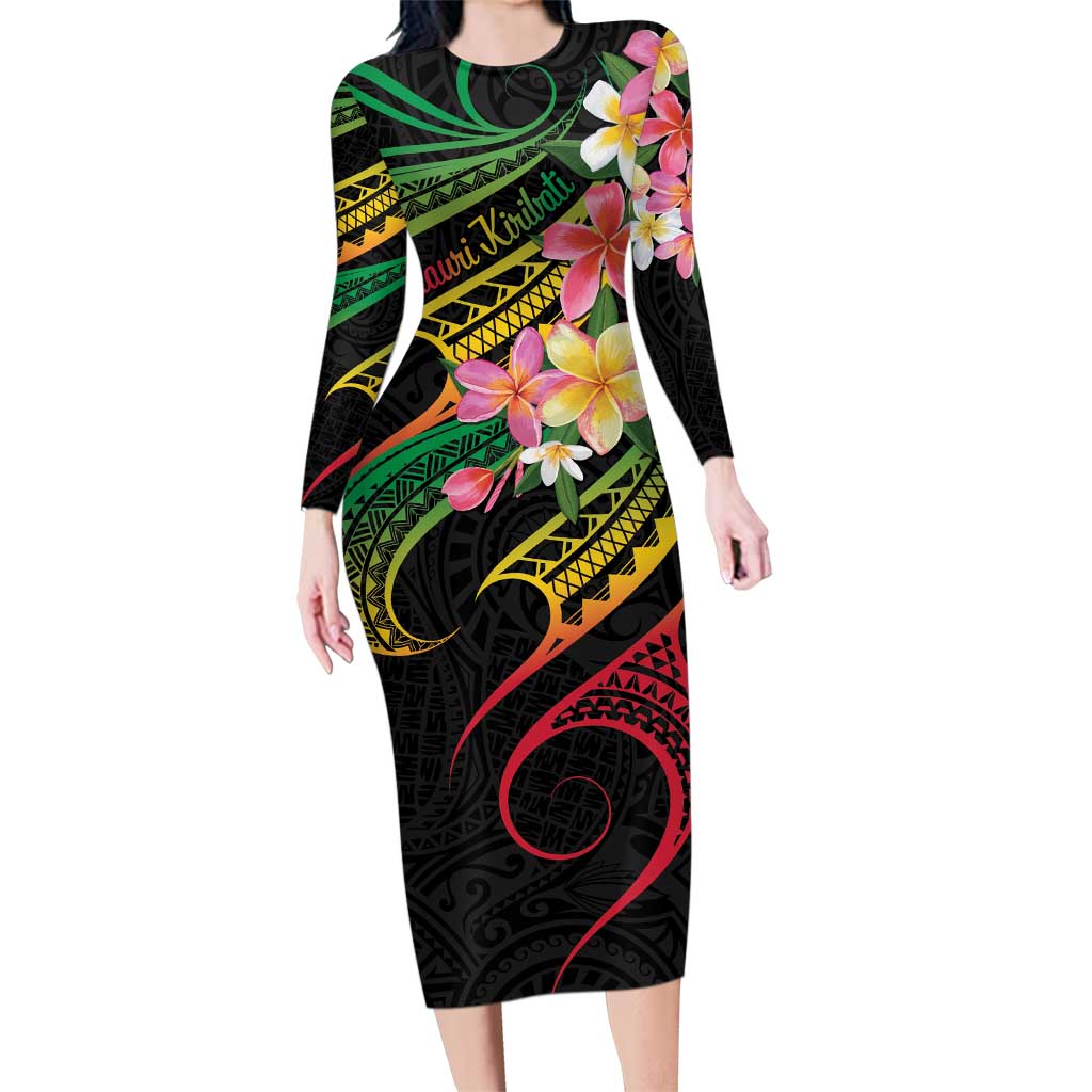 Kiribati Red Jasmine Mango Family Matching Long Sleeve Bodycon Dress and Hawaiian Shirt Reggae Polynesian Art Vibe