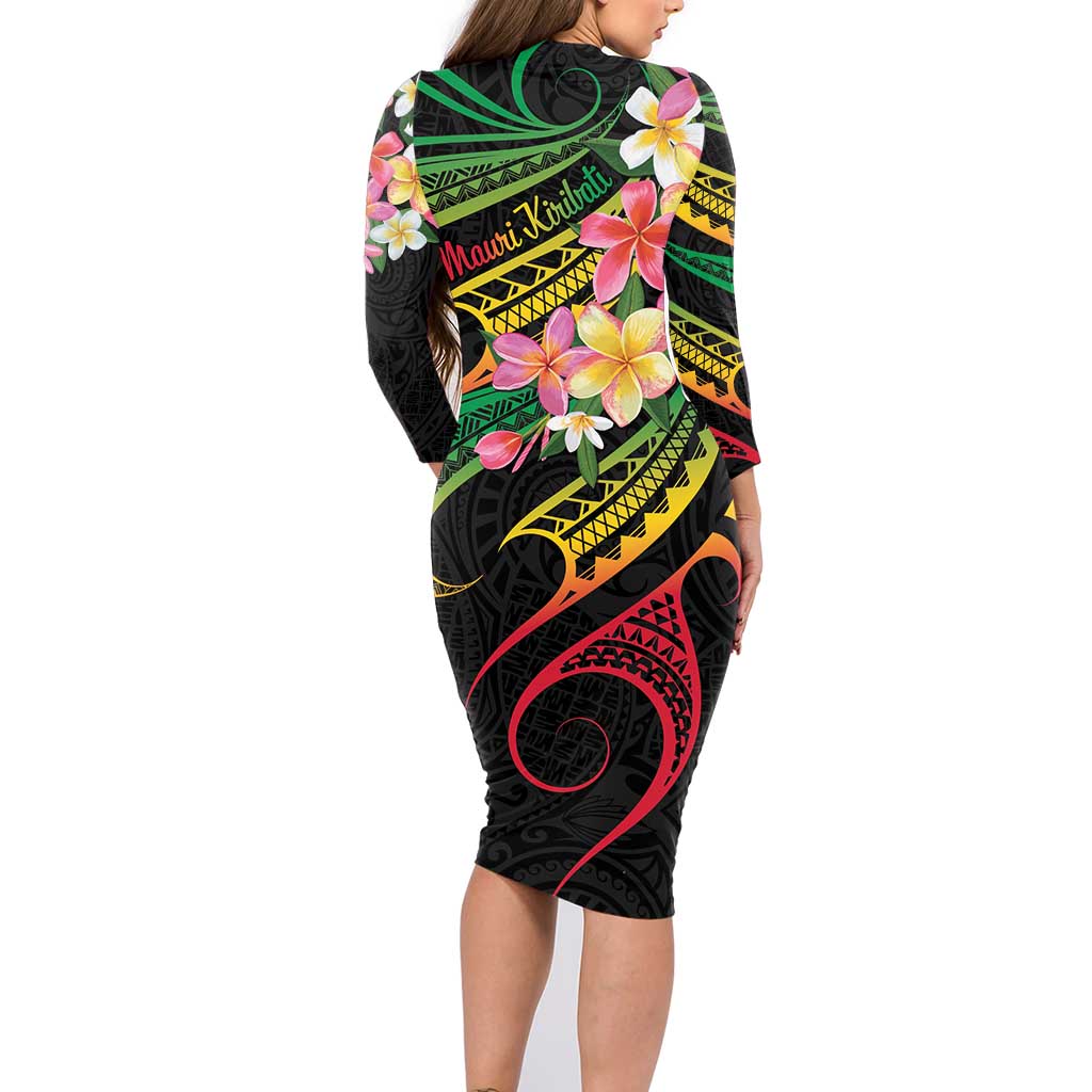 Kiribati Red Jasmine Mango Family Matching Long Sleeve Bodycon Dress and Hawaiian Shirt Reggae Polynesian Art Vibe