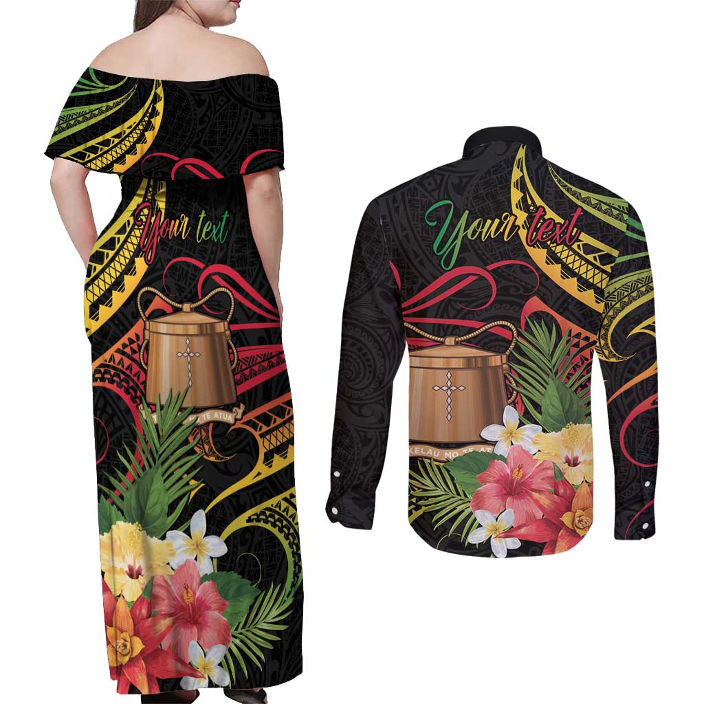 Personalised Tokelau Tropical Flowers Couples Matching Off Shoulder Maxi Dress and Long Sleeve Button Shirt Reggae Polynesian Art Vibe