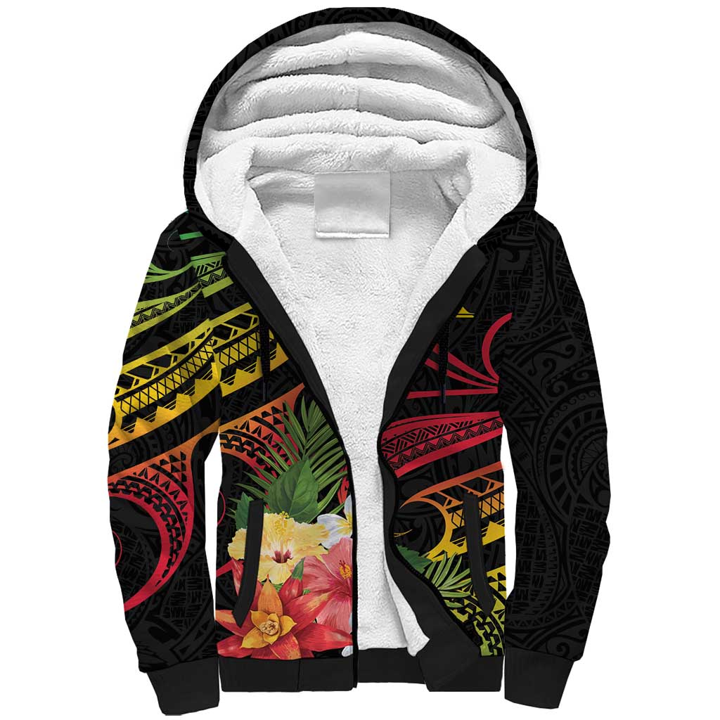 Personalised Tokelau Tropical Flowers Sherpa Hoodie Reggae Polynesian Art Vibe