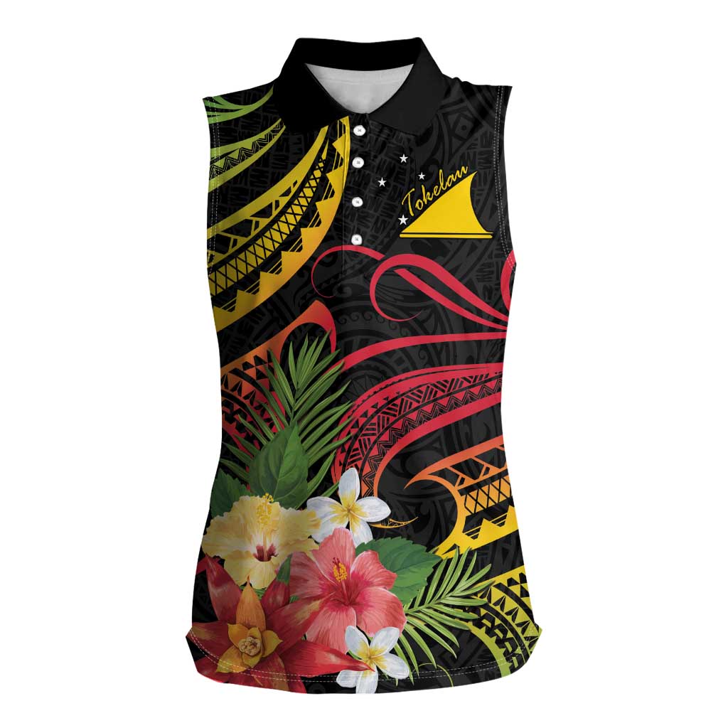 Personalised Tokelau Tropical Flowers Women Sleeveless Polo Shirt Reggae Polynesian Art Vibe