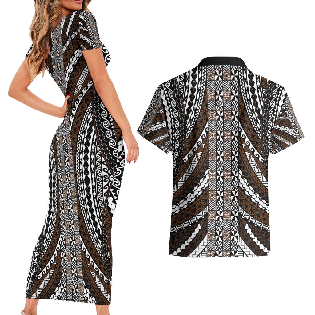 Brown Tongan Polynesian Tribal Couples Matching Short Sleeve Bodycon Dress and Hawaiian Shirt - Polynesian Pride