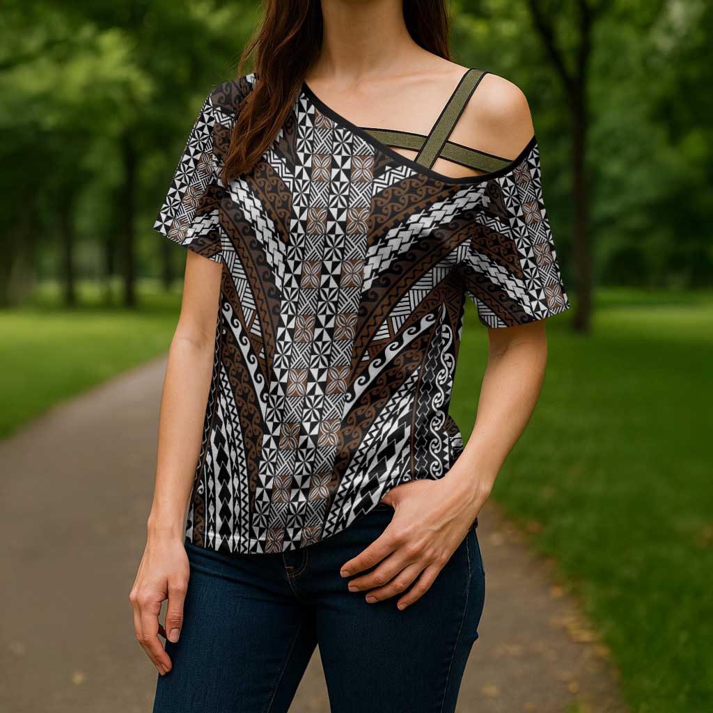 Brown Tongan Polynesian Tribal Cross Shoulder Shirt - Polynesian Pride
