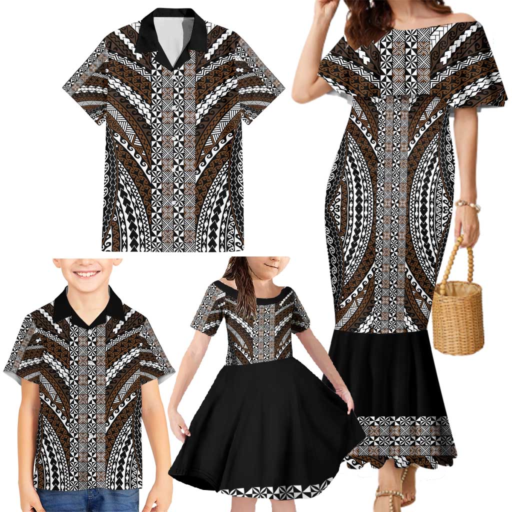 Brown Tongan Polynesian Tribal Family Matching Mermaid Dress and Hawaiian Shirt - Polynesian Pride