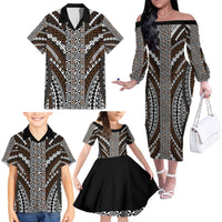 Brown Tongan Polynesian Tribal Family Matching Off The Shoulder Long Sleeve Dress and Hawaiian Shirt - Polynesian Pride