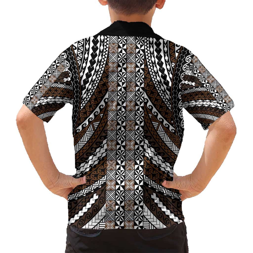 Brown Tongan Polynesian Tribal Family Matching Off Shoulder Maxi Dress and Hawaiian Shirt - Polynesian Pride