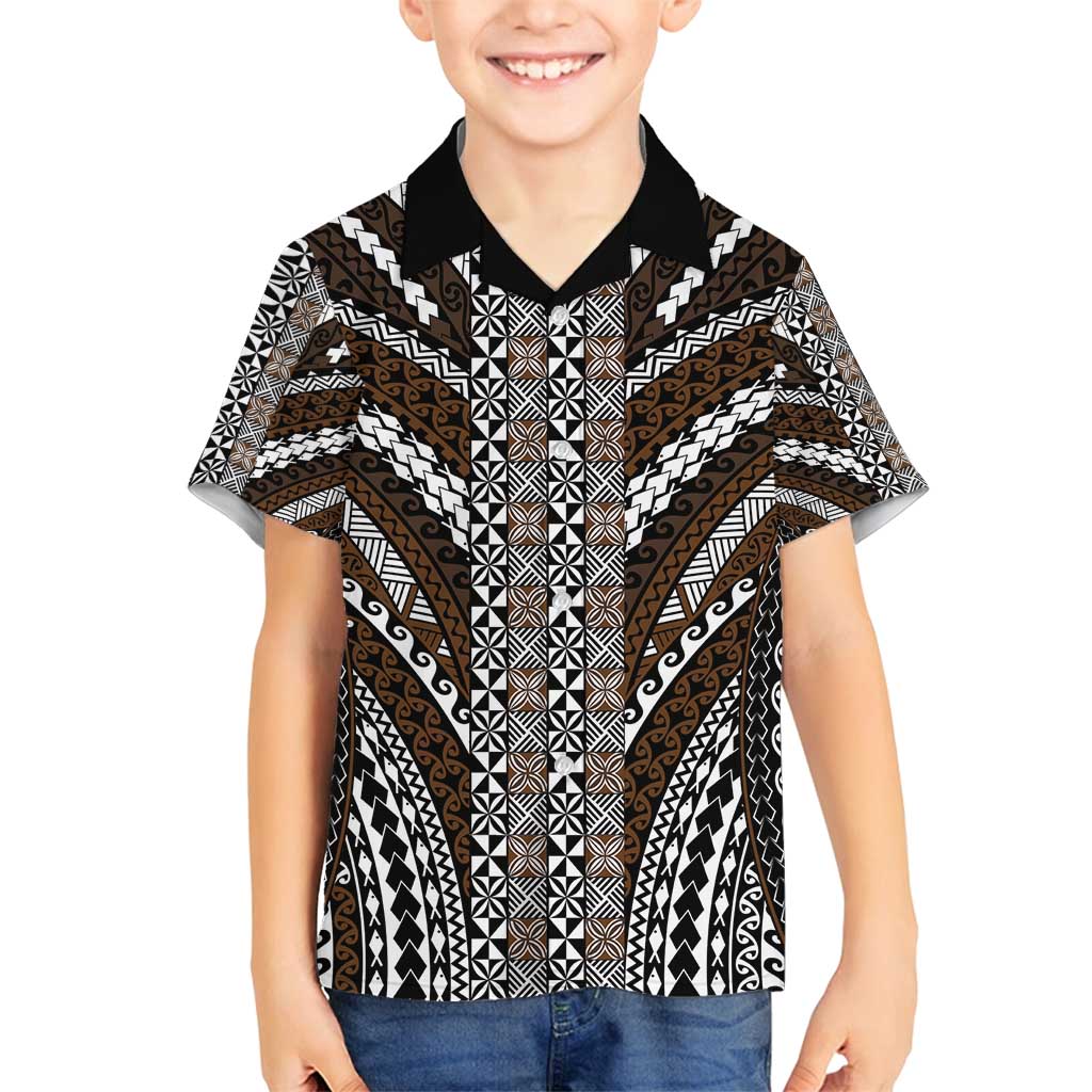 Brown Tongan Polynesian Tribal Family Matching Off Shoulder Maxi Dress and Hawaiian Shirt - Polynesian Pride