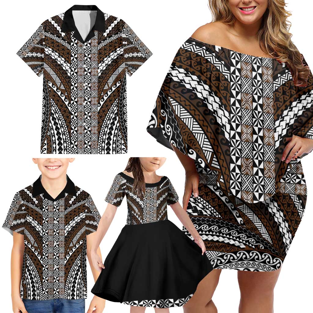 Brown Tongan Polynesian Tribal Family Matching Off Shoulder Short Dress and Hawaiian Shirt - Polynesian Pride