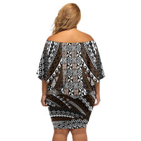 Brown Tongan Polynesian Tribal Family Matching Off Shoulder Short Dress and Hawaiian Shirt - Polynesian Pride
