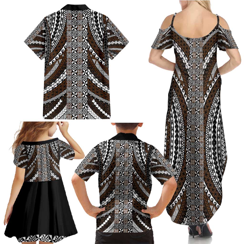 Brown Tongan Polynesian Tribal Family Matching Summer Maxi Dress and Hawaiian Shirt - Polynesian Pride