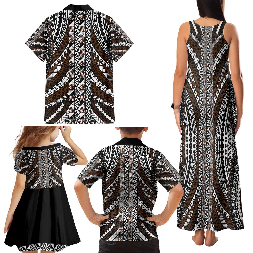 Brown Tongan Polynesian Tribal Family Matching Tank Maxi Dress and Hawaiian Shirt - Polynesian Pride